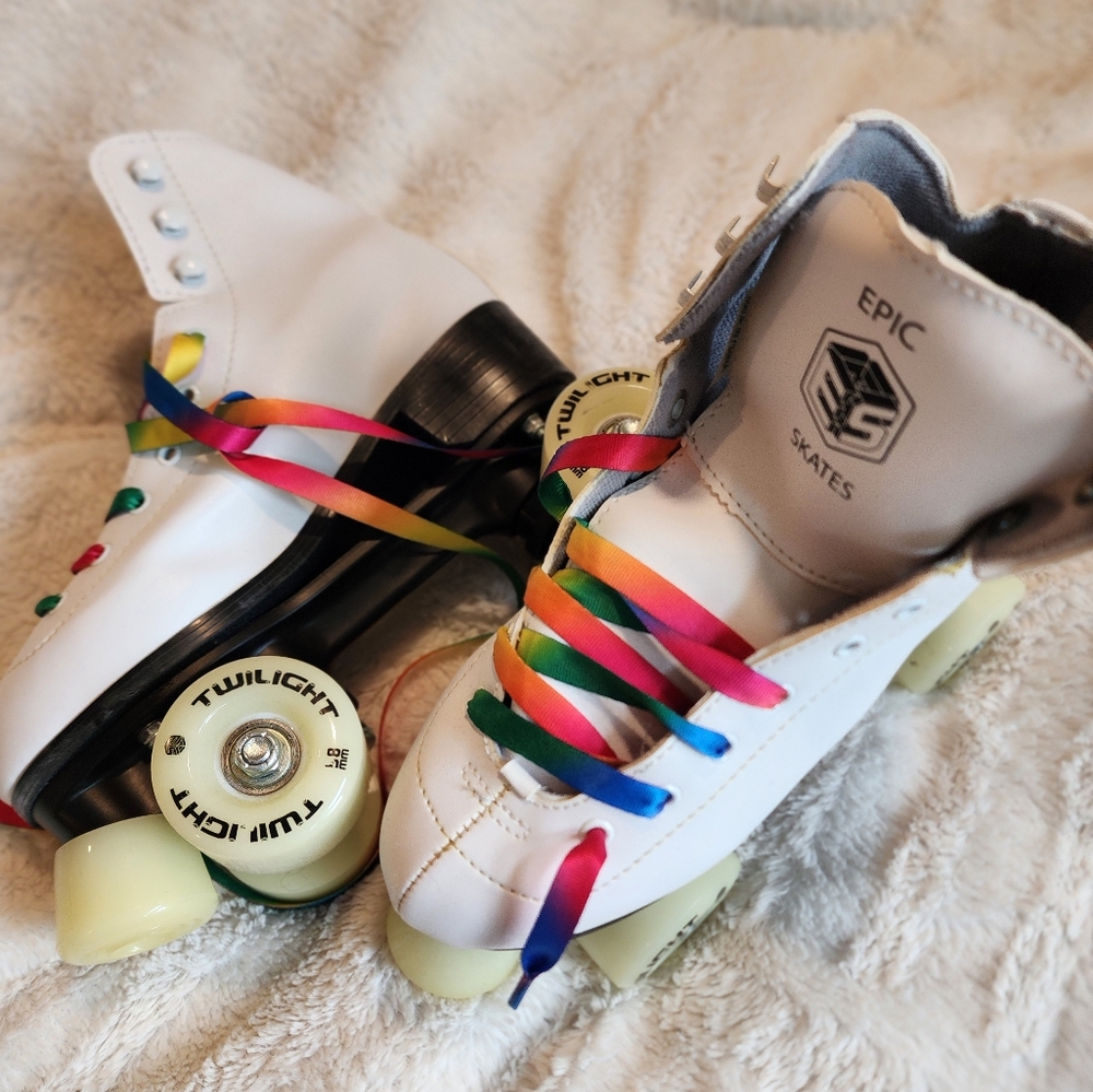 Kids Roller Skates - White with Rainbow Laces